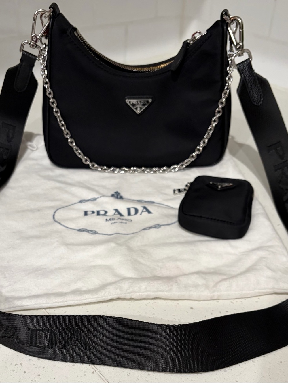 Prada Black Nylon Shoulder Bag with Silver Chain & Detachable Strap